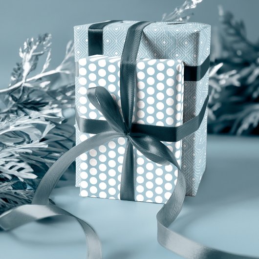 ダスティーモダンブルー幾何学模様、水玉模様、樹木 ラッピングペーパーシート