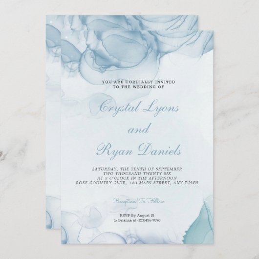 ダスティーモダンブルー抽象芸術結婚式招待状 招待状 (正面/裏面)