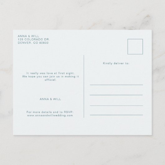 ダスティーモダンブルー結婚の3枚の写真の保存日 ポストカード (裏面)