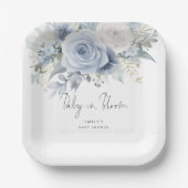 ダスティーモダンブルー花模様ベビーイン開花シャワー ペーパープレート (正面)