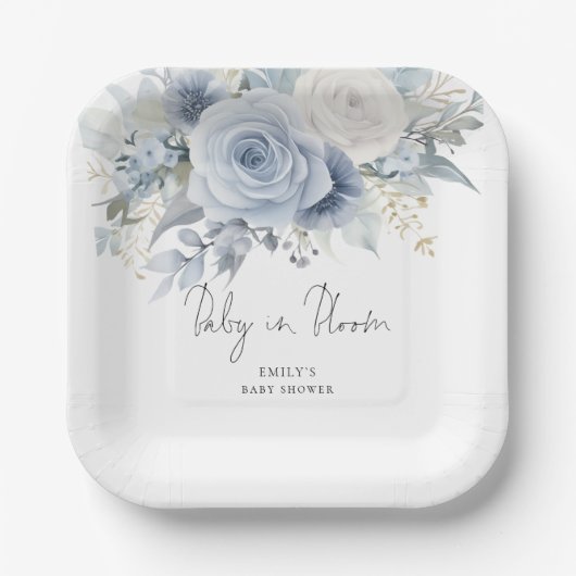 ダスティーモダンブルー花模様ベビーイン開花シャワー ペーパープレート (正面)