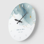 ダスティーモダンブルー金ゴールドビーチ結婚式記念日 ラージ壁時計 (傾斜)