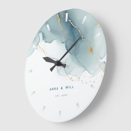 ダスティーモダンブルー金ゴールドビーチ結婚式記念日 ラージ壁時計 (傾斜)