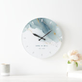 ダスティーモダンブルー金ゴールドビーチ結婚式記念日 ラージ壁時計 (ホーム)