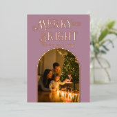 ダスティーモダンマウヴ&バラ金ゴールドクリスマスフォト 箔シーズンカード (立ち正面)