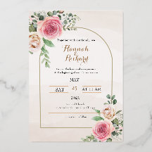 ダスティーローズとブラッシュのフラワーモチーフの結婚式用箔押し招待状