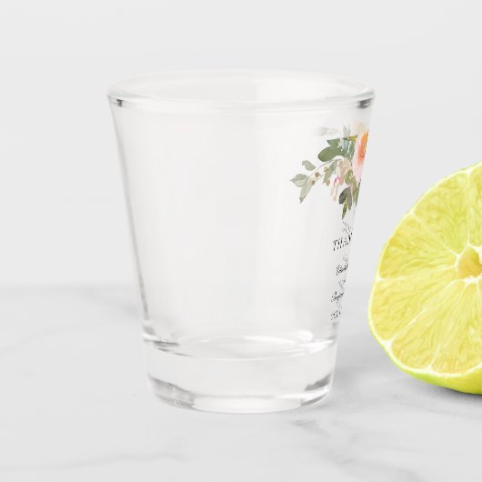 ダスティーローズのウェディングエレガントな花のスクリプトのお礼 ショットグラス (左)