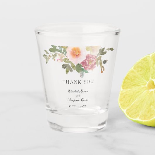 ダスティーローズのウェディングエレガントな花のスクリプトのお礼 ショットグラス (正面)