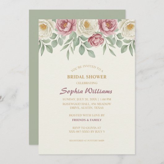 ダスティーローズのピーコック ブライダルシャワーの招待状カード 招待状 (正面/裏面)