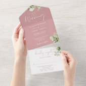 ダスティーローズの植物のグリーンを使ったモノグラムの結婚式 オールインワン招待状 (貼ってはがせる)