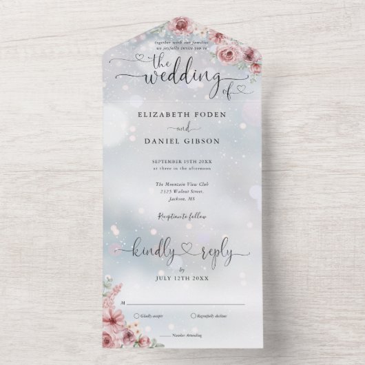 ダスティーローズの花とハートのスクリプトが冬のウェディング オールインワン招待状 (内側)