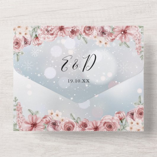 ダスティーローズの花とハートのスクリプトが冬のウェディング オールインワン招待状 (裏面)