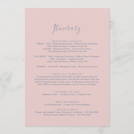 ダスティーローズの花のウェルカムレターと旅程 プログラム (裏面)