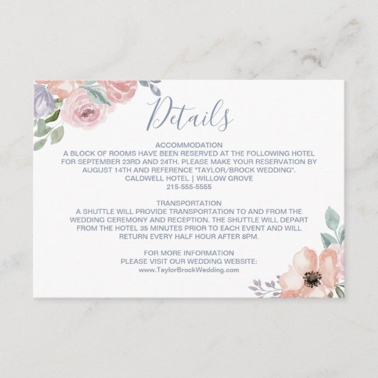 ダスティーローズの花の結婚式詳細カード エンクロージャーカード (正面)