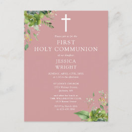 ダスティーローズの葉のファーストホーリーコミュニオン招待状 ポストカード