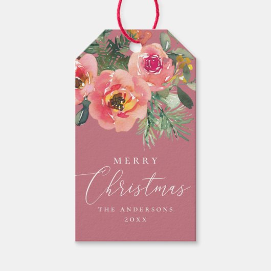ダスティーローズピンクのウィンターフローラル | ロマンチックなクリスマス ギフトタグ (正面)