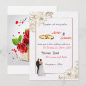 ダスティーローズピンクのマーブルのゴールドグリーンの花のウェディング 招待状 (正面/裏面)