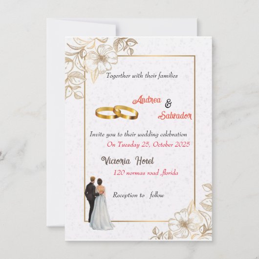 ダスティーローズピンクのマーブルのゴールドグリーンの花のウェディング 招待状 (正面)