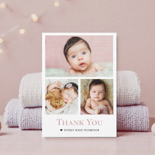 ダスティーローズピンクの女の子のベビーシャワーフォトコラージュ サンキューカード