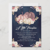 ダスティーローズピンクの花とネイビーブルーのパンプキン ベイビーシャワー 招待状 (正面)