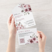 ダスティーローズピンクの花模様QRコードウェディング オールインワン招待状 (貼ってはがせる)