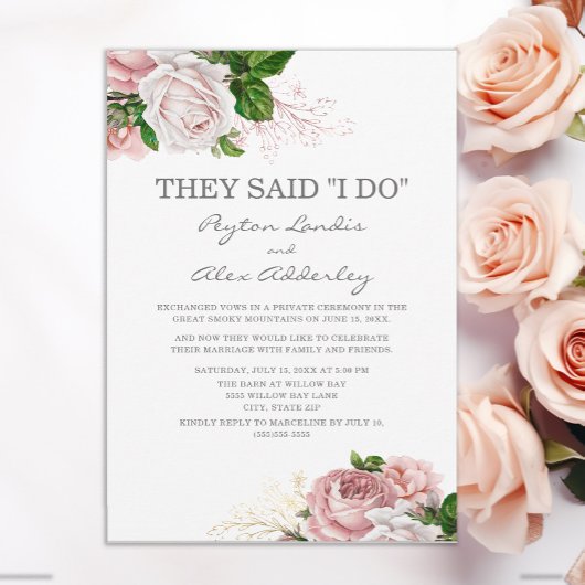 ダスティーローズピンクの花 白い駆け落ちの披露宴 招待状
