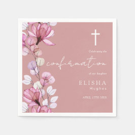 ダスティーローズピンクの透明な花柄の確認ナプキン スタンダードカクテルナプキン