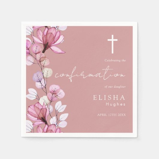 ダスティーローズピンクの透明な花柄の確認ナプキン スタンダードカクテルナプキン (正面)