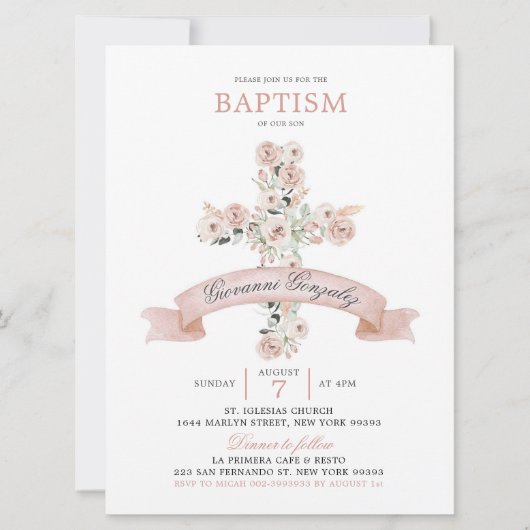 ダスティーローズピンククロス洗礼招待状 招待状 (正面)