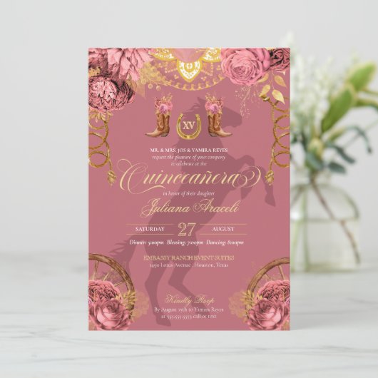 ダスティーローズピンクゴールドエレガントチャロ キンチェアネラ 招待状 (スタンド正面)