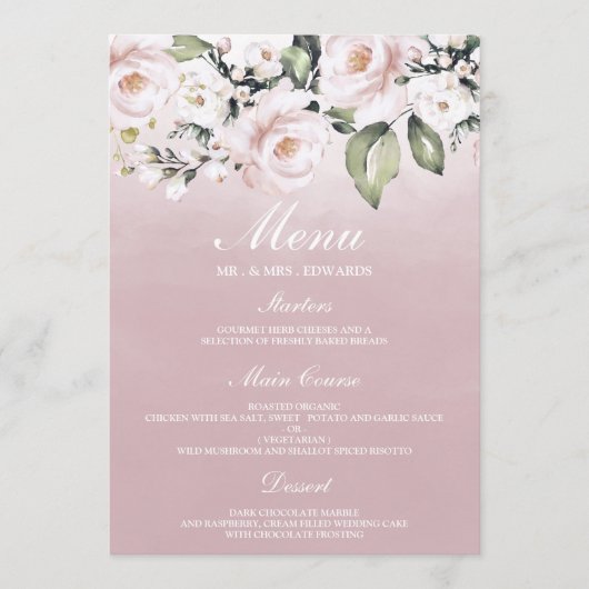 ダスティーローズピンク ブラッシュ 水彩 誕生日 結婚式 メニュー (正面)