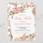 ダスティーローズピーチクリームフラワーベイビーシャワー 招待状 (正面/裏面)