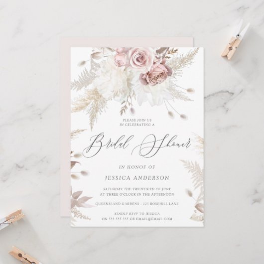 ダスティーローズ＆アイボリー フラワー 大きな ブライダルシャワーの招待状 招待状 (正面/裏面インサイチュ)