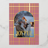 ダスティーローズ&ゴールドギンガムのクリスマスホリデーフォト 箔シーズンカード (正面)