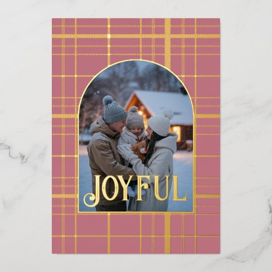ダスティーローズ&ゴールドギンガムのクリスマスホリデーフォト 箔シーズンカード (正面)