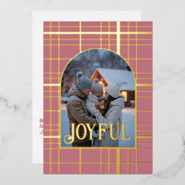 ダスティーローズ&ゴールドギンガムのクリスマスホリデー写真 箔シーズンカード