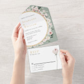 ダスティーローズ ゴールド セージグリーン ヴィンテージ フラワー ウェディング オールインワン招待状 (貼ってはがせる)