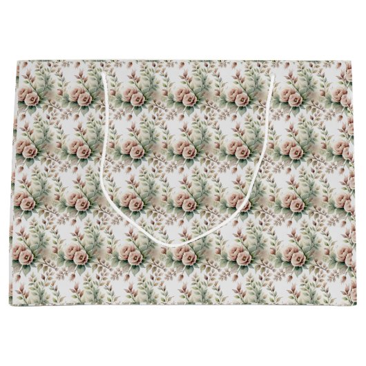 ダスティーローズ・セージグリーン 花柄 ウェディング ベビーシャワー ラージペーパーバッグ (正面)