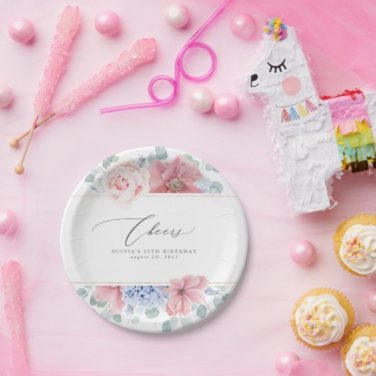 ダスティーローズ ダスティーブルー フラワーズ エレガント ボタニカル ペーパープレート (パーティー)