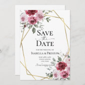 ダスティーローズ バーガンディ フラワーの結婚式 Save The Date 招待状 (正面/裏面)