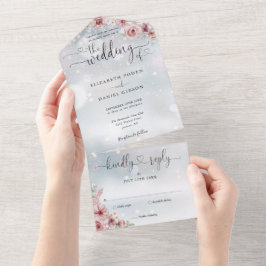 ダスティーローズ フラワー スクリプト ハート 冬の結婚式 オールインワン招待状
