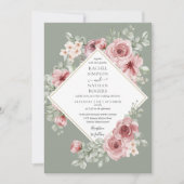 ダスティーローズ フラワー セージグリーン ウェディング フォト 招待状 (正面)