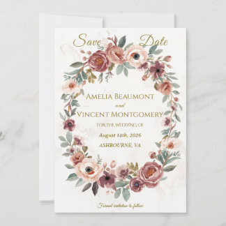 ダスティーローズ フローラルリース Save the Date カード