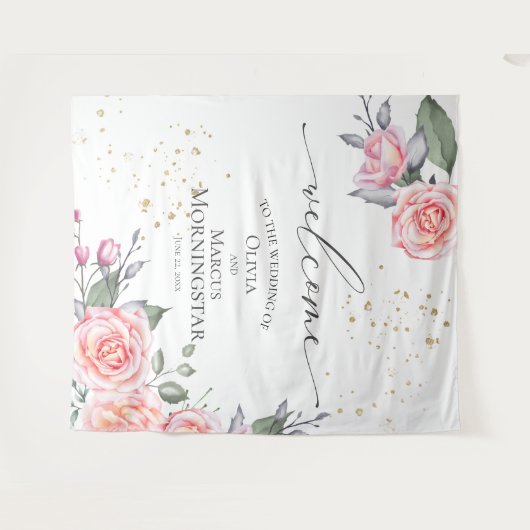 ダスティーローズ ブラッシュピンク フラワーのウェディング小道具 タペストリー (正面(横))