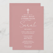 ダスティーローズ モダン ミニマル ファースト ホーリー コミュニオン 招待状 (正面/裏面)