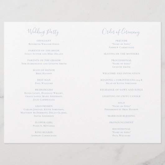 ダスティー伝統的ブルーエレガントな結婚式プログラム (裏面)