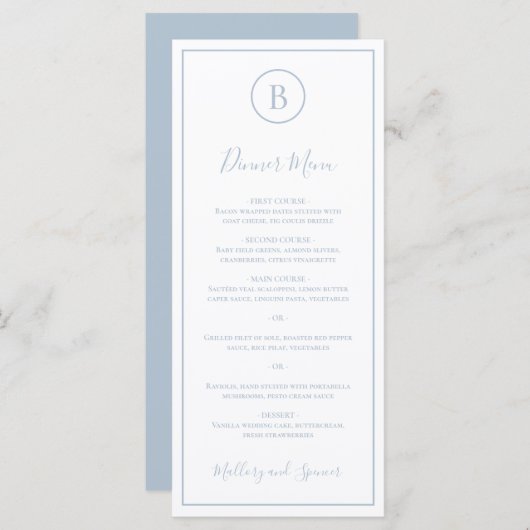 ダスティー伝統的ブルーエレガントな結婚式 メニュー (正面/裏面)