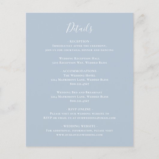 ダスティー伝統的ブルーバジェット結婚式招待状 チラシ (裏面)