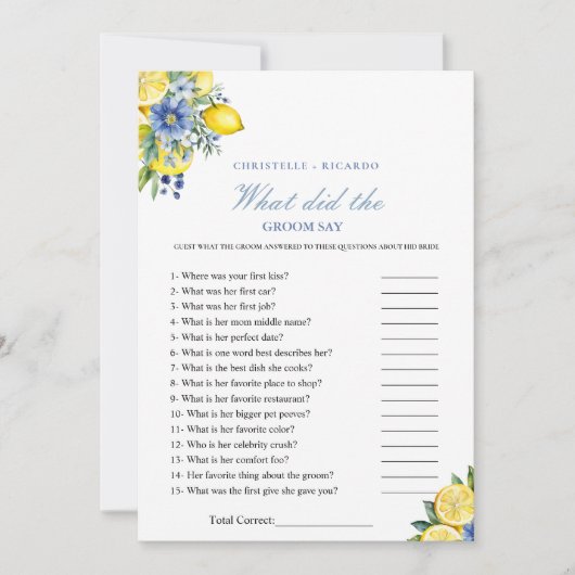 ダスティー新郎新婦トリビアブライダルシャワーゲームカード 案内状 (正面)