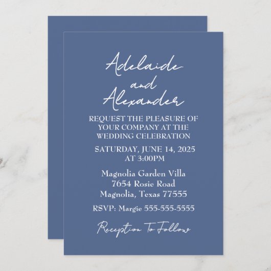 ダスティー無地のブルー結婚式招待状 招待状 (正面/裏面)